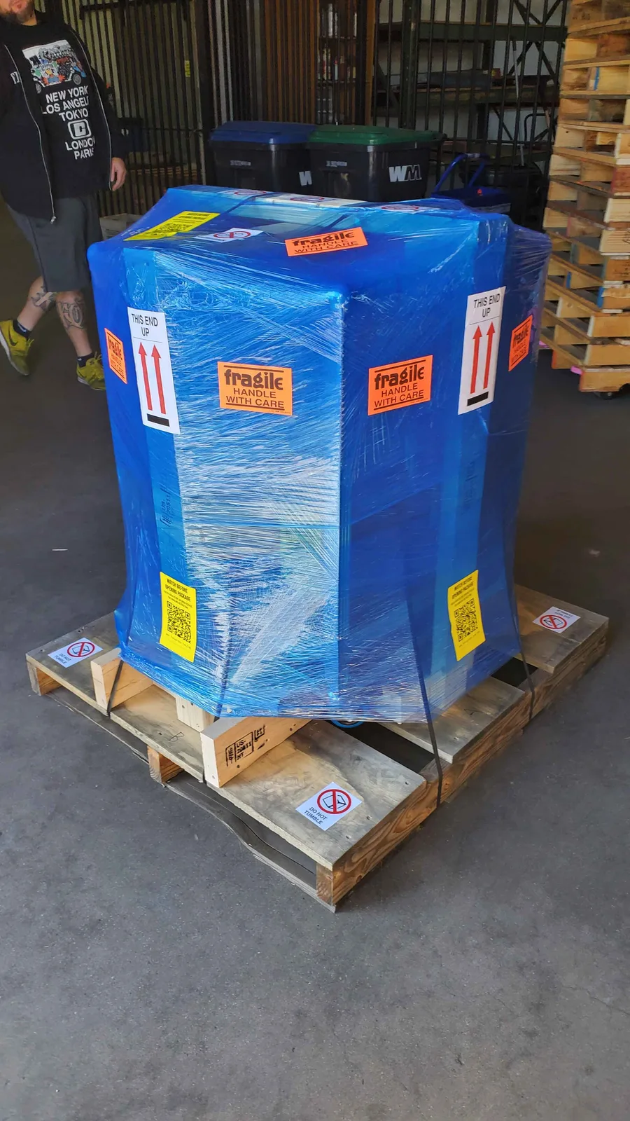 The crated trophy shipment on its pallet