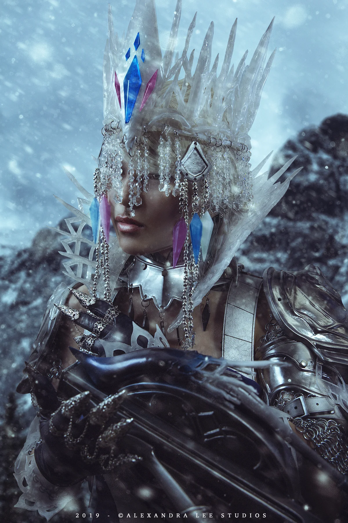 Velkhana armor set built by Hoku Props with Vampy for Capcom USA, worn in an icy studio portrait by Alee Studios