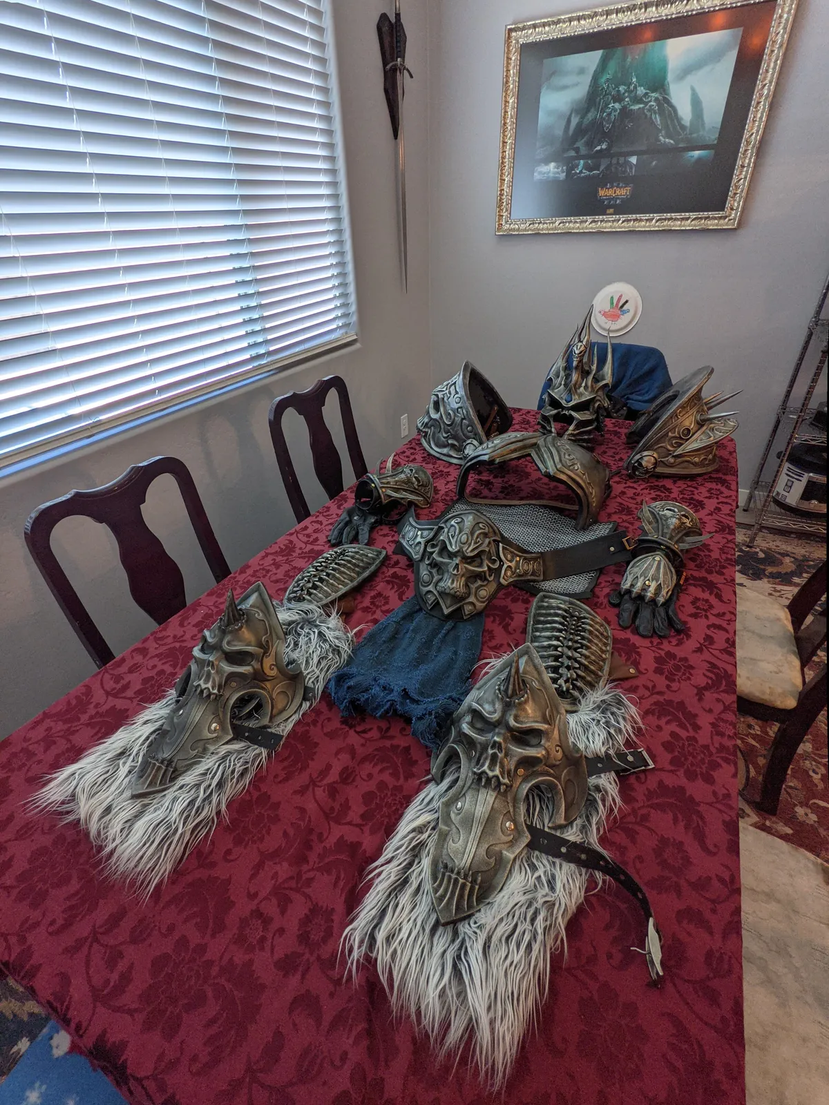 Every piece of the Hoku Props Lich King armor laid out on a table before delivery