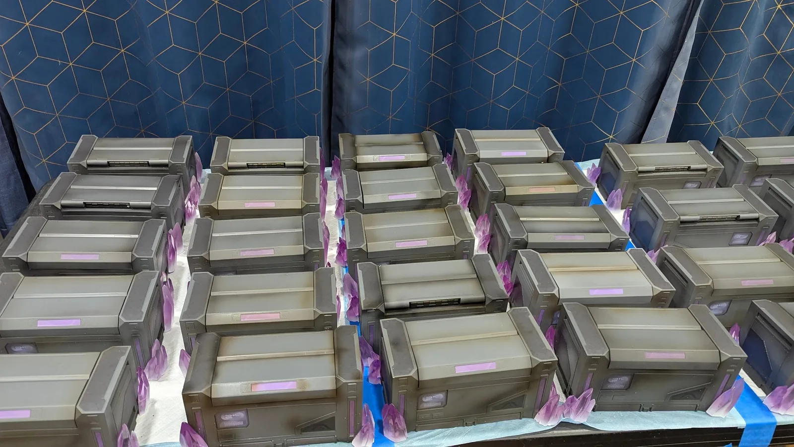 Rows of finished Radianite crates from the production run laid out together