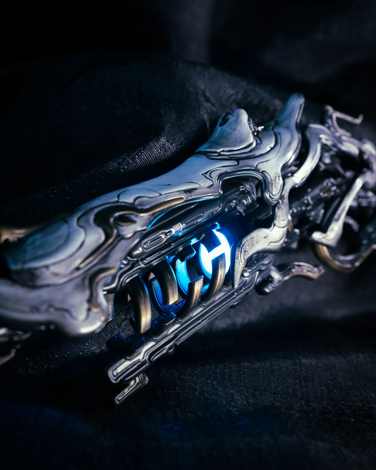 Close view of the blue energy core and gold ribs inside the body of the Hoku Props Sirocco