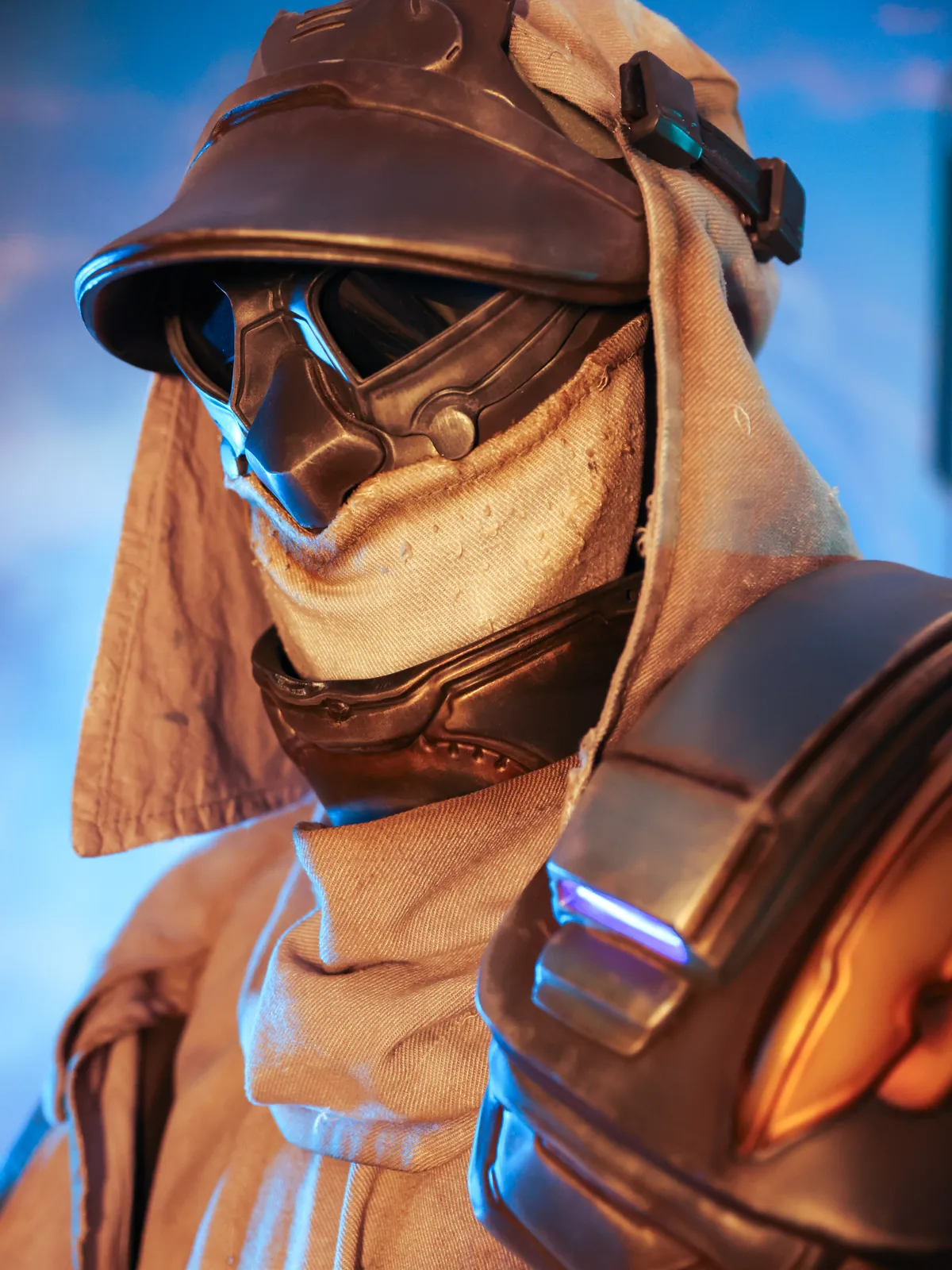 Close view of the Drifter statue by Hoku Props showing the hood, visor and shoulder armour