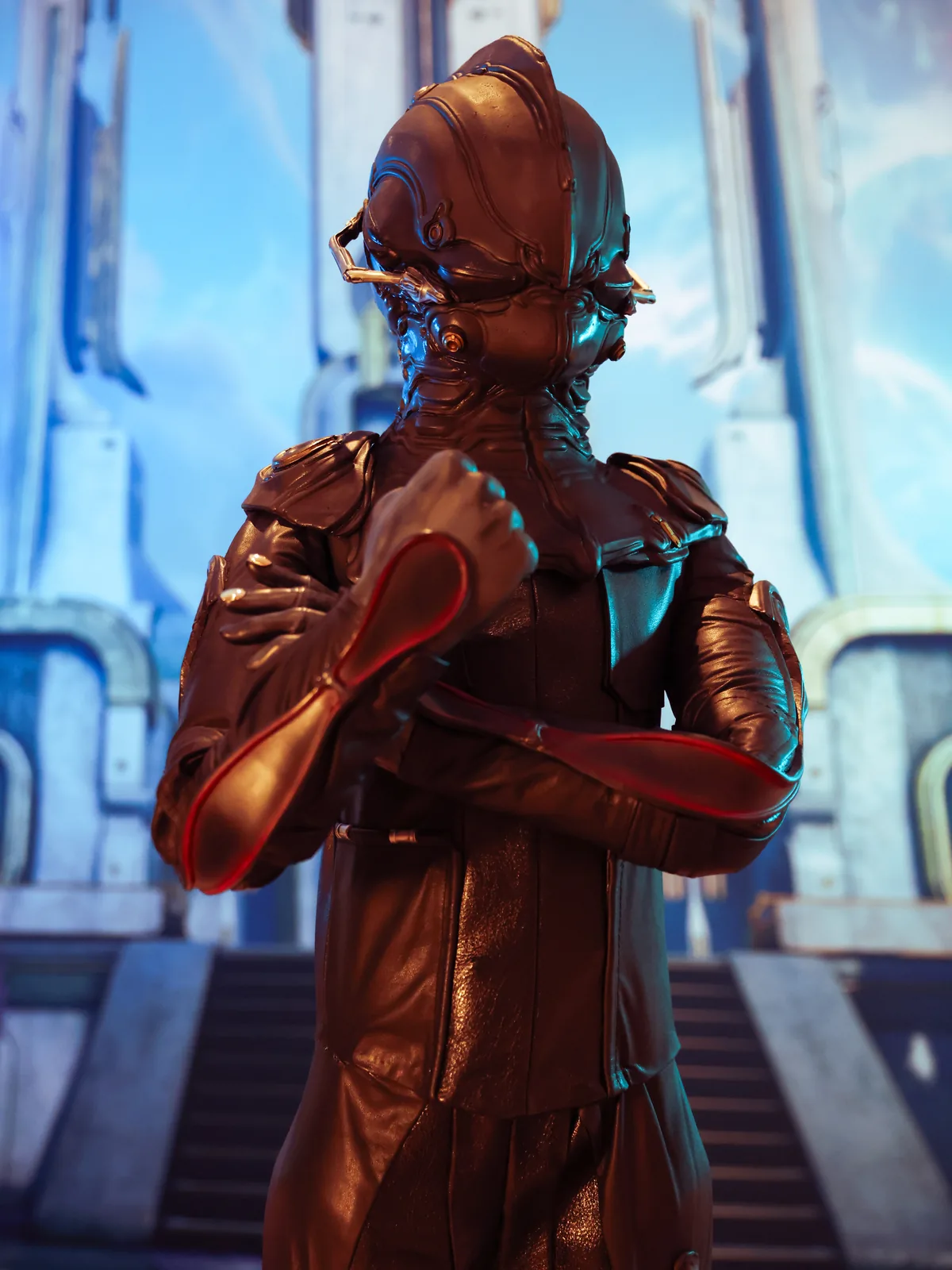 The Operator statue by Hoku Props from the front, arms crossed, showing the suit detailing