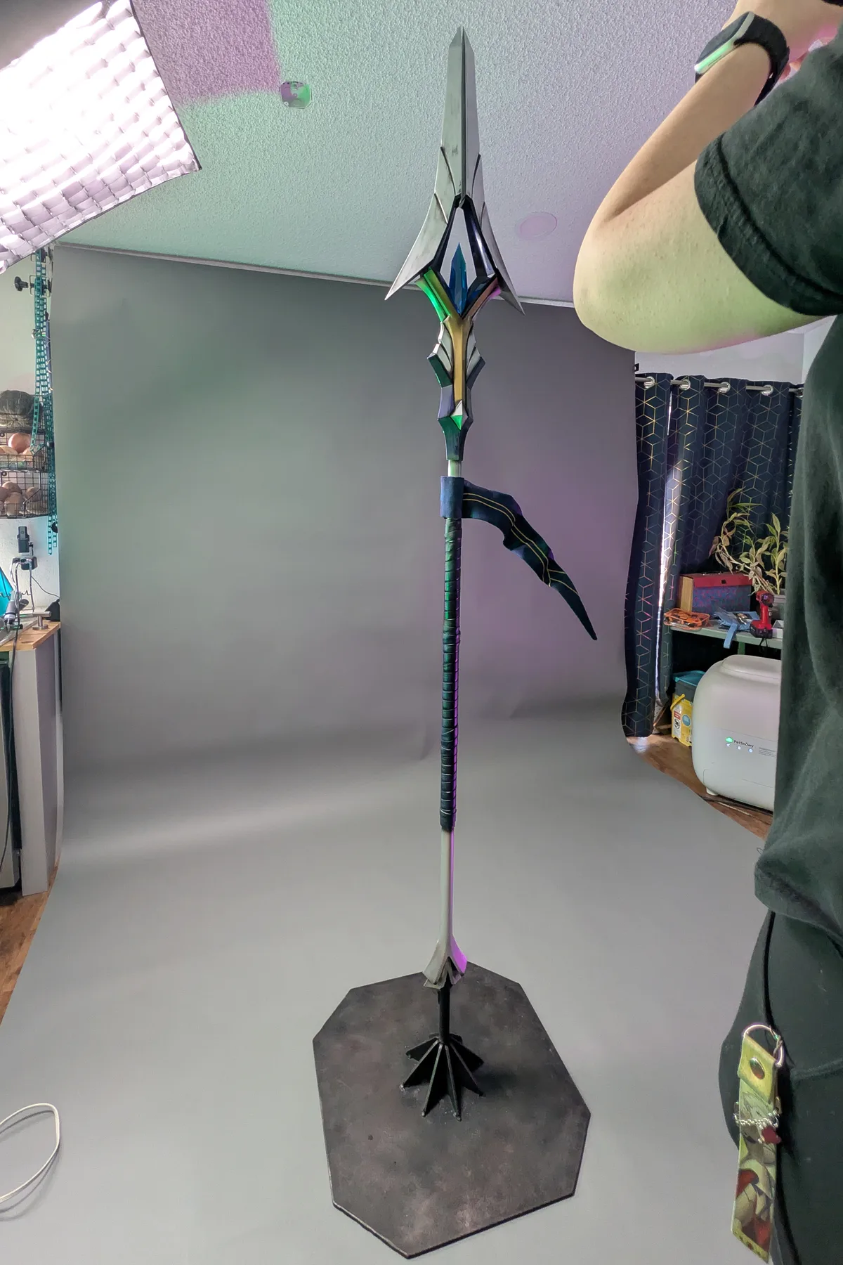 Full-scale Xin Zhao spear standing on its welded base in the Hoku Props studio before shipping to the 2025 LTA Championship Fan Fest